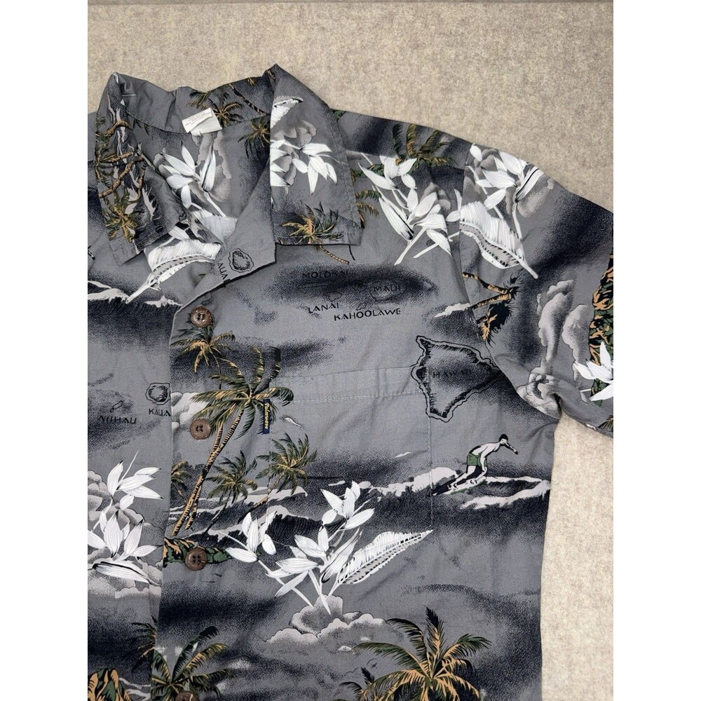 Palmwave Gray Hawaiian Short Sleeve Button Down Shirt Trees Waves Mens Small